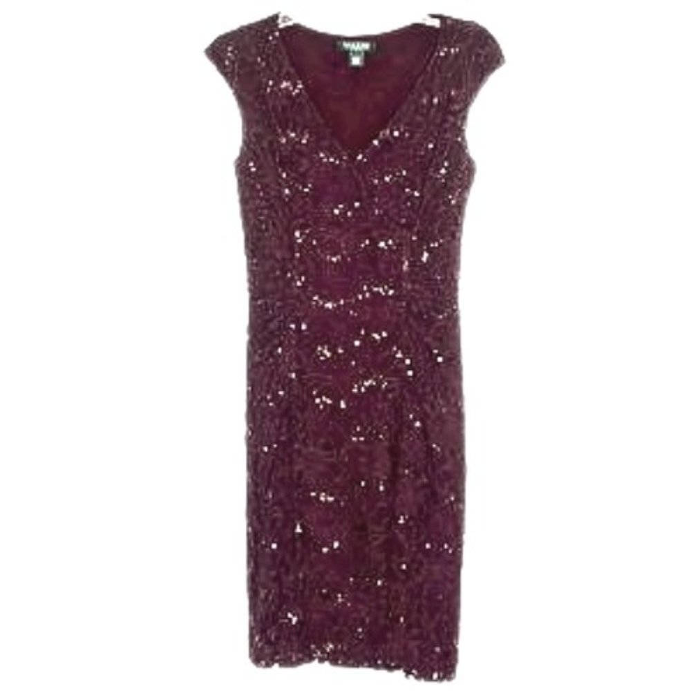Lauren Ralph Lauren Maroon Sequin Faux Wrap Ruched Wedding Guest Dress size 4‎